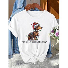 Christmas Women's 100% Cotton Summer Tops Print Graphic Dog Christmas Daily Basic Fashion Stylish Short Sleeve Crew Neck Regular Tops Casual White Black Yellow