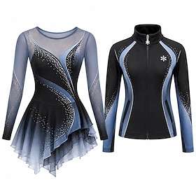 Figure Skating Dress with Jacket Women's Ice Skating Outfits Blue Black Patchwork Asymmetric Hem Stretchy Training Competition Skating Wear Classic Crystal / R