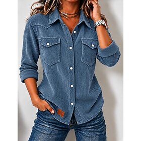 Women's 100% Cotton Corduroy Shirt Solid Color Vintage Fashion Stylish Long Sleeve Regular Tops Casual Beach Blue Khaki Red Apricot Spring Fall Winter