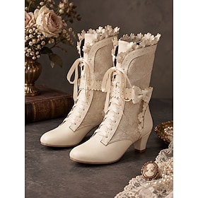 Women's Victorian Lace-Up Boots, Floral Lace Block Heel Mid-Calf Boots with Ribbon Laces  Bowknot, Romantic Vintage Boots for Brides, Historical Costumes, Vict
