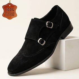 Men's Genuine Leather Black Suede Double Monk Strap Dress Shoes Buckle Slip On Formal Shoes Classic Elegant Luxury Business Casual Shoes for Wedding Office Par
