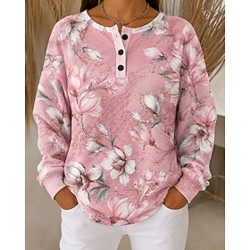 Women's Waffle Textured Pullover Sweatshirt Floral Graphic Basic Casual Print Long Sleeve Crew Neck Regular Tops Casual Street Dailywear Gray Green Pink Purple