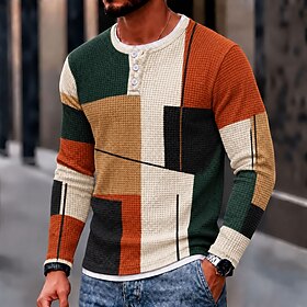 Men's Graphic Geometric Color Block Waffle Henley Shirt Casual Style Classic Style Long Sleeve Fashion Designer Basic Casual Daily Outdoor Fall Spring Fall A