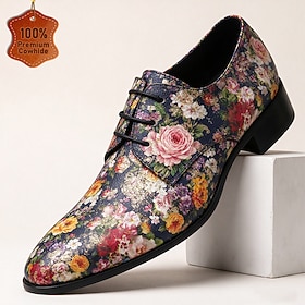 Men's Genuine Leather Lace Up Oxford Dress Shoes with Colorful Floral Pattern, Vintage Luxury Style Formal Shoes for Stylish Gentlemen, Wedding, Party, Busines