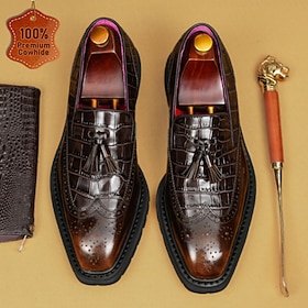 Men's Genuine Leather Black Brogue Loafers Slip On Dress Shoes Classic Vintage Elegant Style Business Casual Shoes Luxury Footwear for Wedding Office Party Din