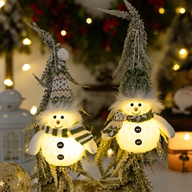 2Pcs Christmas Snowman Ornaments Light Up Snowman Figurine Decorations with Knitted Hats, LED Glowing Winter Holiday Tabletop Ornaments for Mantel, Shelf, Fire