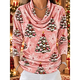 Christmas Women's Tee Print Graphic Christmas Tree Elegant Vintage Fashion Long Sleeve Cowl Neck Regular Tops Casual Daily Going out Pink Red Green Fall Winter
