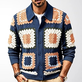 Men's Sweater Cardigan Sweater Ribbed Knit Regular Tops Button Up Knitted Geometric Turndown Neutral Fashion Casual Daily Wear Clothing Apparel Fall Winter Nav