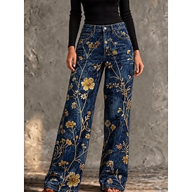 Women's Jeans Denim Cotton Blend Wide Leg Vacation Vintage Basic Full Length High Waist Floral Graphic Flower / Floral Comfy Comfort Inelastic Casual Daily Dai