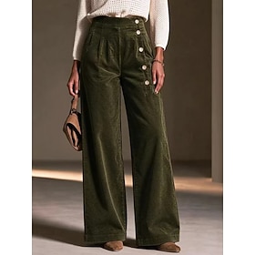Women's Corduroy Pants Straight Vintage Full Length High Waist Plain Texture Patchwork Pocket Warm Inelastic Daily Wear claret Coffee brown off white Black Fal