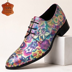 Men's Genuine Leather Lace Up Dress Shoes with Colorful Floral Pattern, Artistic Vintage Oxford Shoes for Fashion Forward Gentlemen, Wedding, Party, Festival a