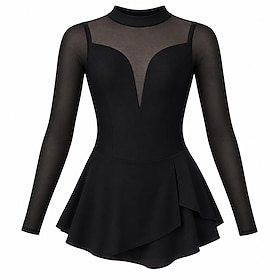 Figure Skating Dress Women's Ice Skating Dress Black Patchwork Asymmetric Hem Stretchy Training Competition Skating Wear Classic Long Sleeve Ice Skating Figure