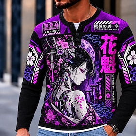 Men's Chinese character Waffle Henley Shirt Casual Style Classic Style Long Sleeve Fashion Designer Modern Casual Daily Outdoor All Seasons Purple Henley Henle