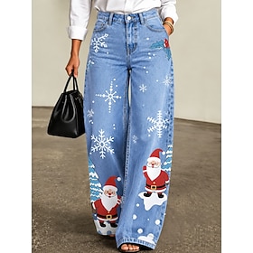 Women's Jean Denim Cotton Blend Wide Leg Vacation Vintage Basic Full Length High WaistPantsUgly Christmas Graphic Santa Claus Christmas Tree Print Comfy Comfor