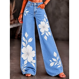 Women's Jeans Denim Cotton Blend Wide Leg Vacation Vintage Basic Full Length High Waist Graphic Geometric Print Comfy Comfort Comfortable Inelastic Casual Dail