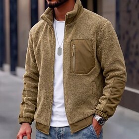 Men's Fleece Jacket Casual Jacket Casual Daily Thermal Warm Full Zip Front Pocket Fall Winter Plaid Streetwear Daily Stand Collar Regular Camel Black Dark Gree