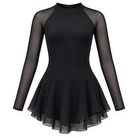 Figure Skating Dress Women's Ice Skating Dress Black Patchwork Asymmetric Hem Stretchy Training Competition Skating Wear Classic Long Sleeve Ice Skating Figure