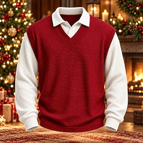 Men's Waffle Polo Shirts Casual Vacation Turndown Long Sleeve Christmas Vintage Color Block Textured 2 in 1 Color Block Fall Winter Regular White WhiteGreen Y