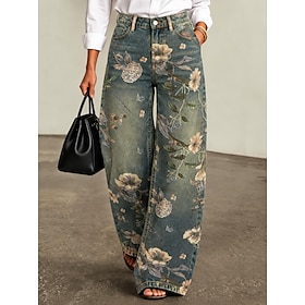 Women's Jean Denim Wide Leg Vacation Vintage Basic Full Length High Waist Floral Graphic Print Comfy Comfort Inelastic Casual Daily Daily Wear Navy Summer Spri