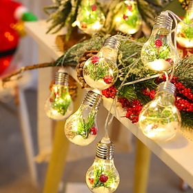 Christmas LED Globe String Lights with Red Berries Pine Needle Decor, 10 Bulb Warm White Fairy Lights, Christmas Hanging Lights for Bedroom, Living Room, Mant