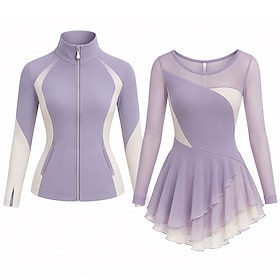 Figure Skating Dress with Jacket Women's Ice Skating Outfits Light Purple Patchwork Asymmetric Hem Stretchy Training Competition Skating Wear Classic Crystal /