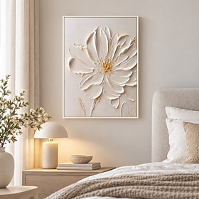 3D Flower Wall Art 19.7x27.6in, Framed White Floral Canvas Painting, Textured Botanical Artwork with Gold Accents, Modern Wall Decor for Bedroom Living Room, R
