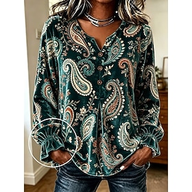 Women's Velvet Tunic Ruffle Print Graphic Paisley Elegant Vintage Fashion Long Sleeve V Neck Long Tops Casual Daily Going out Pink Purple Brown Green Fall Wint