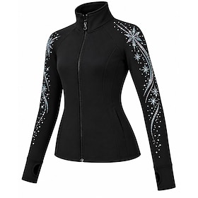 Figure Skating Fleece Jacket Women's Ice Skating Jacket Top Black Patchwork Stretchy Training Competition Skating Wear Crystal / Rhinestone Long Sleeve Ice Ska
