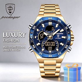 PODEAGAR Men's Analog Digital Watch, Luxury Gold Tone Stainless Steel Wristwatch with Blue Dial, Dual Time Display, Luminous Hands, 30M Water Resistant, Fashio