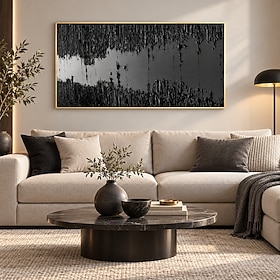 Modern Abstract Wall Art Canvas Painting 27.6x39.4 Inch, Framed Black and Gray Textured Oil Painting, Contemporary Minimalist Horizontal Artwork for Living Roo