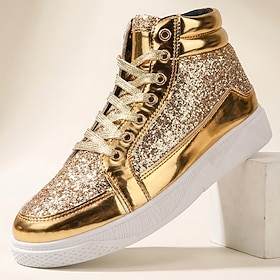 Men's High Top Sneakers Gold Glitter Sequin Metallic Colorblock Lace Up Thick Sole Fashion Streetwear Party Shoes for Christmas Celebrations Nightclubs Concert