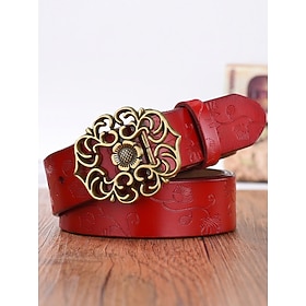Women's Genuine Leather Belt, Vintage Gold Floral Buckle and Embossed Design, Western Boho Style Waist Belt in Multiple Colors for Christmas Parties, Jeans and