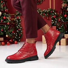 Rode derby's voor heren met krokodillenprint, vetersluiting, dikke zool, klassieke vintage stijl, zakelijke casual schoenen voor kerstfeestjes, vakanties, brui