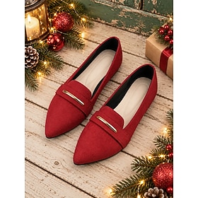 Women's Red Christmas Pointed-Toe Flats – Festive Slip On Shoes Feature Gold-Tone Bar Accent for Holiday Parties, Casual Commute, Seasonal Events Everyday Wea