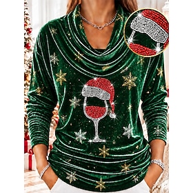 Christmas Women's Sequins Rhinestone Velvet Elegant Tee Print Ombre Graphic Vintage Fashion Long Sleeve Turtleneck High Neck Regular Tops Casual Daily Going ou