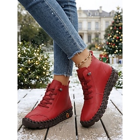 Women's Red Microbial Leather Lace-Up Ankle Boots – Casual Boots with Scalloped Collar, Elastic Band Detail Contrast-Stitched Sole for Everyday Wear, Christma