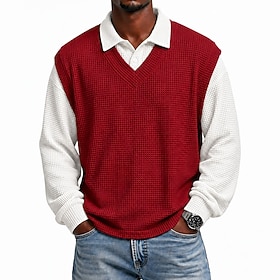 Men's Waffle Polo Shirts Casual Vacation Turndown V Neck Long Sleeve Vintage Fashion Solid Color Textured 2 in 1 Color Block Fall Winter Regular White WhiteGr