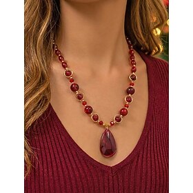 Women's Red Beaded Pendant Necklace Resin Alloy Long Statement Necklace with Teardrop Charm, Vintage Holiday Jewelry for Christmas Party, Sweater Outfits, Gift