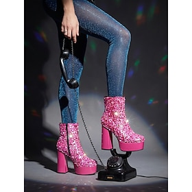 Women's Hot Pink Sequin Platform Ankle Boots – 70s Disco Style Fashion Boots with Side Zip Chunky High Heels and Side Zippers for Streetwear, Parties, Concert