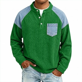 Men's T Shirt Corduroy Shirt Long Sleeve Solid Color Solid Traditional / Vintage Casual Splice Raglan Sleeves Henley Casual Home Outdoor Fall  Winter Fall Blac