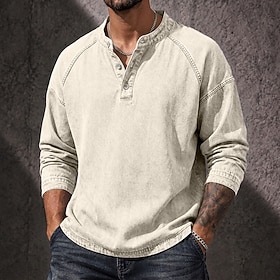 Men's T Shirt Henley Shirt Tee Top Long Sleeve Plain Vintage Streetwear Casual Washed Raglan Sleeves Henley Casual Home Street Fall Winter Spring Fall Khaki B