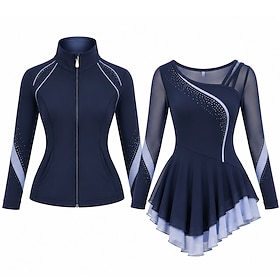 Figure Skating Dress with Jacket Women's Ice Skating Outfits Navy Patchwork Asymmetric Hem Stretchy Training Competition Skating Wear Classic Crystal / Rhinest