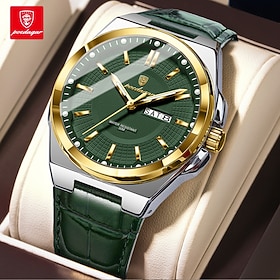 POEDAGAR Men's Green Dial Analog Watch, Gold Tone Bezel, Green Leather Strap, Luminous Hands, Classic Business Casual Dress Wristwatch, Elegant Fashion Watch f