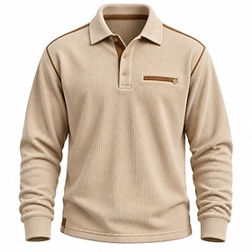 CordHeritage™ Men's Corduroy Polo Casual Vacation Turndown Long Sleeve Fashion Leisure Solid Color Patchwork Classic Button-Down Fall Winter Regular White Bla