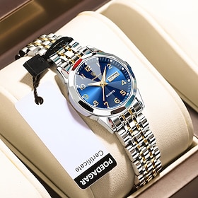 PODEAGAR Men's Quartz Watch, Luxury Analog Wristwatch with Stainless Steel Band, Day Date Display, Luminous Hands, 30M Water Resistant, Classic Business Casual