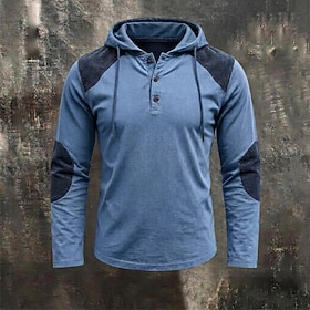 Men's T Shirt 100% Cotton Acid Wash Shirt Long Sleeve Hooded Henley Fall Winter Spring Fall Solid Color Textured Traditional / Vintage Casual Patchwork Hooded