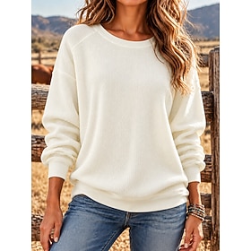 Women's Waffle Sweatshirts Pullover Sweatshirt Waffle Knit Tops Plain Elegant Fashion Classic Long Sleeve Crew Neck Round Neck Regular Tops Casual Sports Black