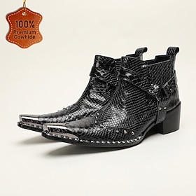 Men's Genuine Leather Black Crocodile Embossed Chelsea Boots Ankle Boots Slip On Dress Boots Classic Luxury Vintage Style Formal Business Party Wedding Evening
