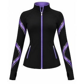 Figure Skating Top Women's Ice Skating Jacket Top Black Patchwork Stretchy Professional Training Competition Skating Wear Classic Crystal / Rhinestone Long Sle