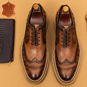 Men's Genuine Leather Brown Brogue Derby Dress Shoes Lace Up Formal Shoes Classic Vintage Elegant Business Casual Shoes for Wedding Office Meeting Party Evenin
